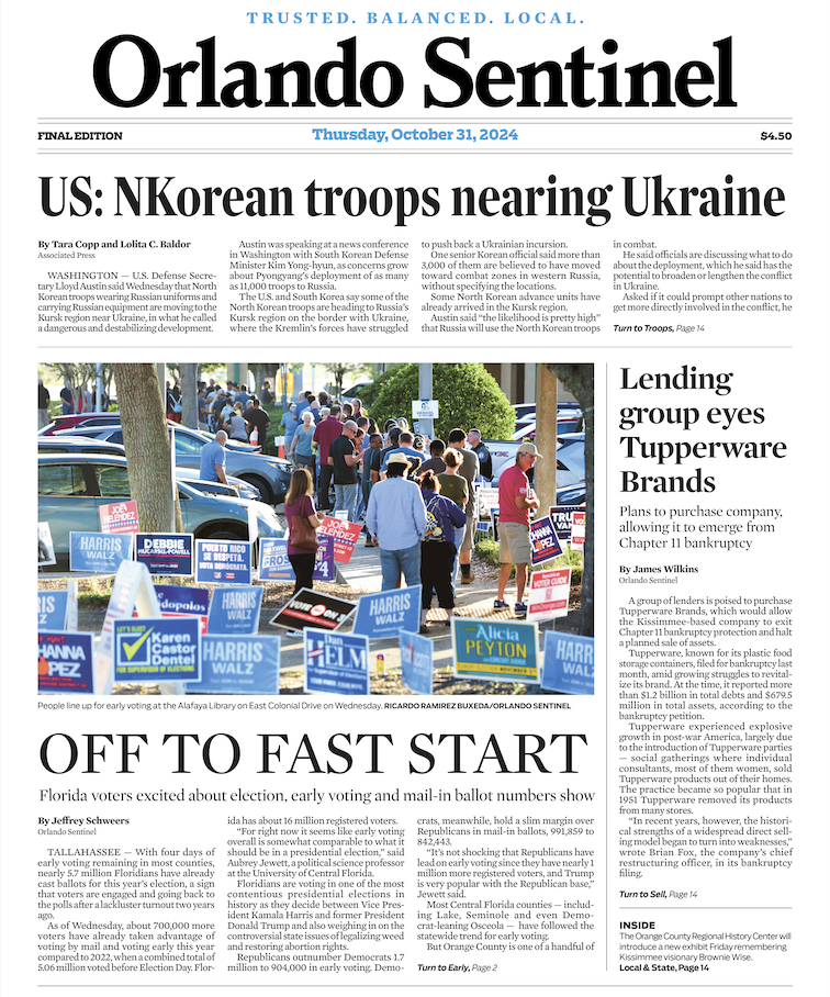 Cover of Orlando Sentinel newspaper with image of voters in line at a polling area.